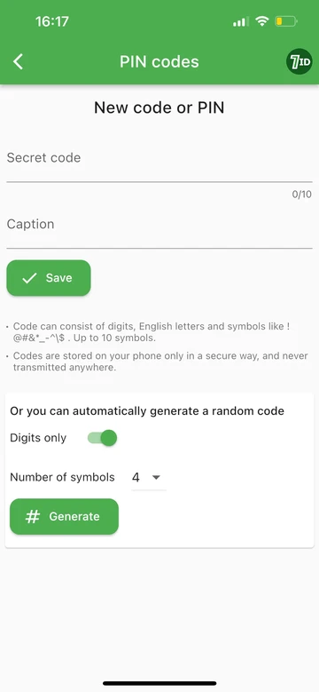 7ID: Skapa en PIN-kod eller en kod