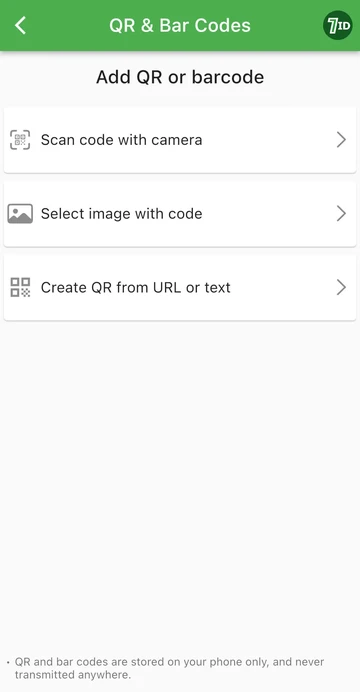 7ID rakendus: lisage QR-kood või vöötkood