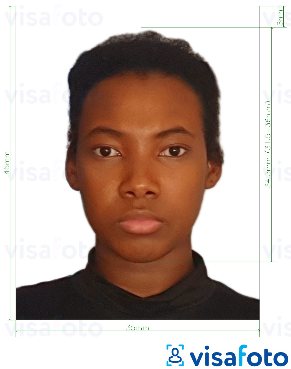 Пример за снимка за Бенин паспорт 3.5x4.5 cm (35x45 mm) с точна спецификация за размер