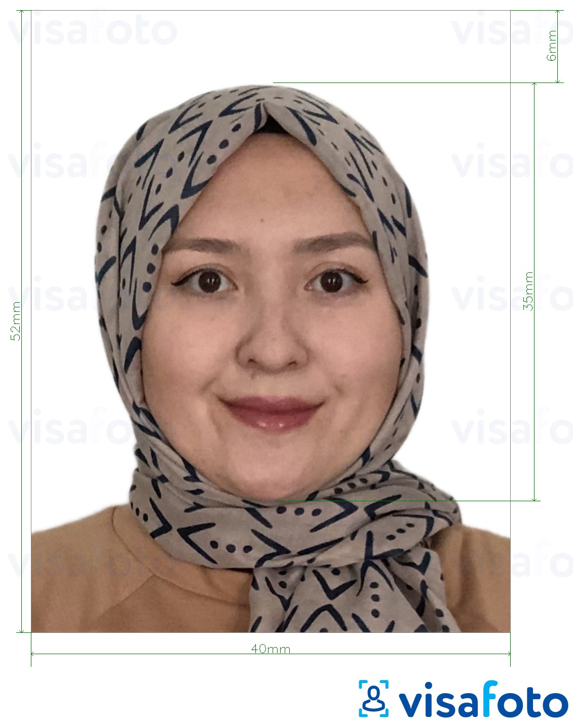 Пример за снимка за Брунейски паспорт 5.2x4 см (52x40 мм) с точна спецификация за размер