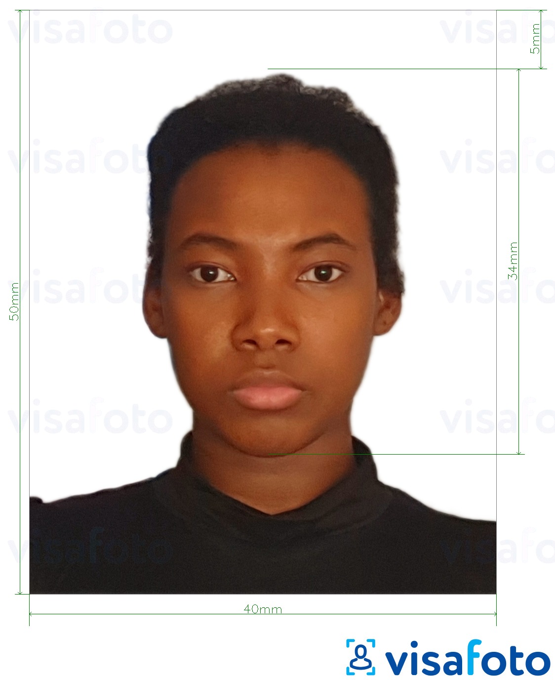 Пример за снимка за Камерунски паспорт 4x5 cm (40x50 mm) с точна спецификация за размер