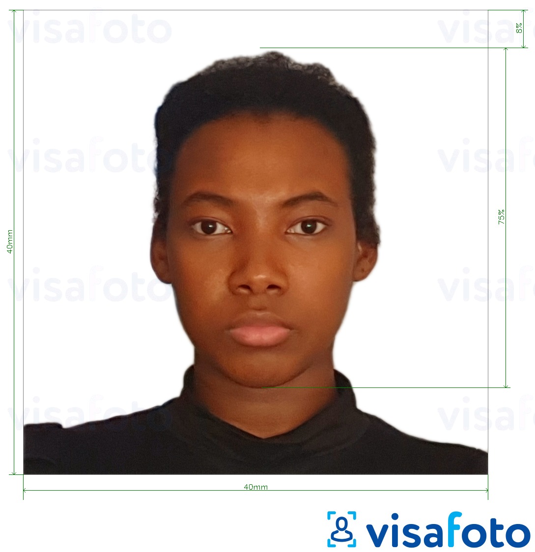 Пример за снимка за Камерунска виза 4х4 см (40x40 мм) с точна спецификация за размер