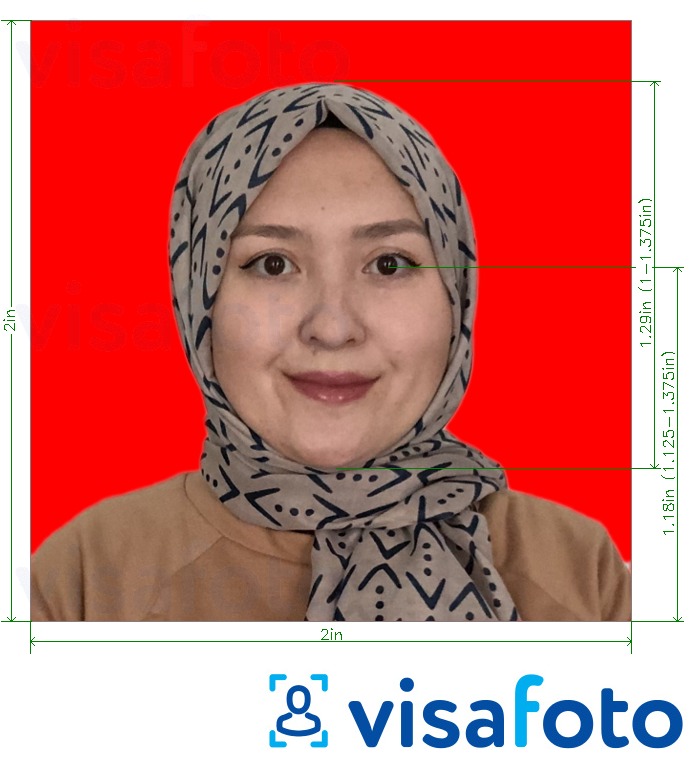 Пример за снимка за Индонезия паспорт 51x51 mm (2x2 инча) червен фон с точна спецификация за размер