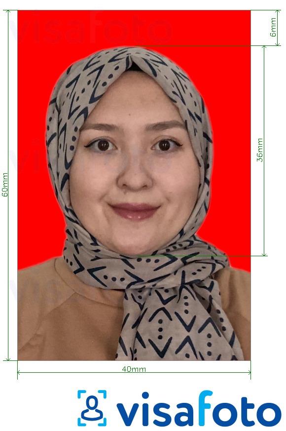 Пример за снимка за Индонезия Visa 4x6 см червен фон с точна спецификация за размер