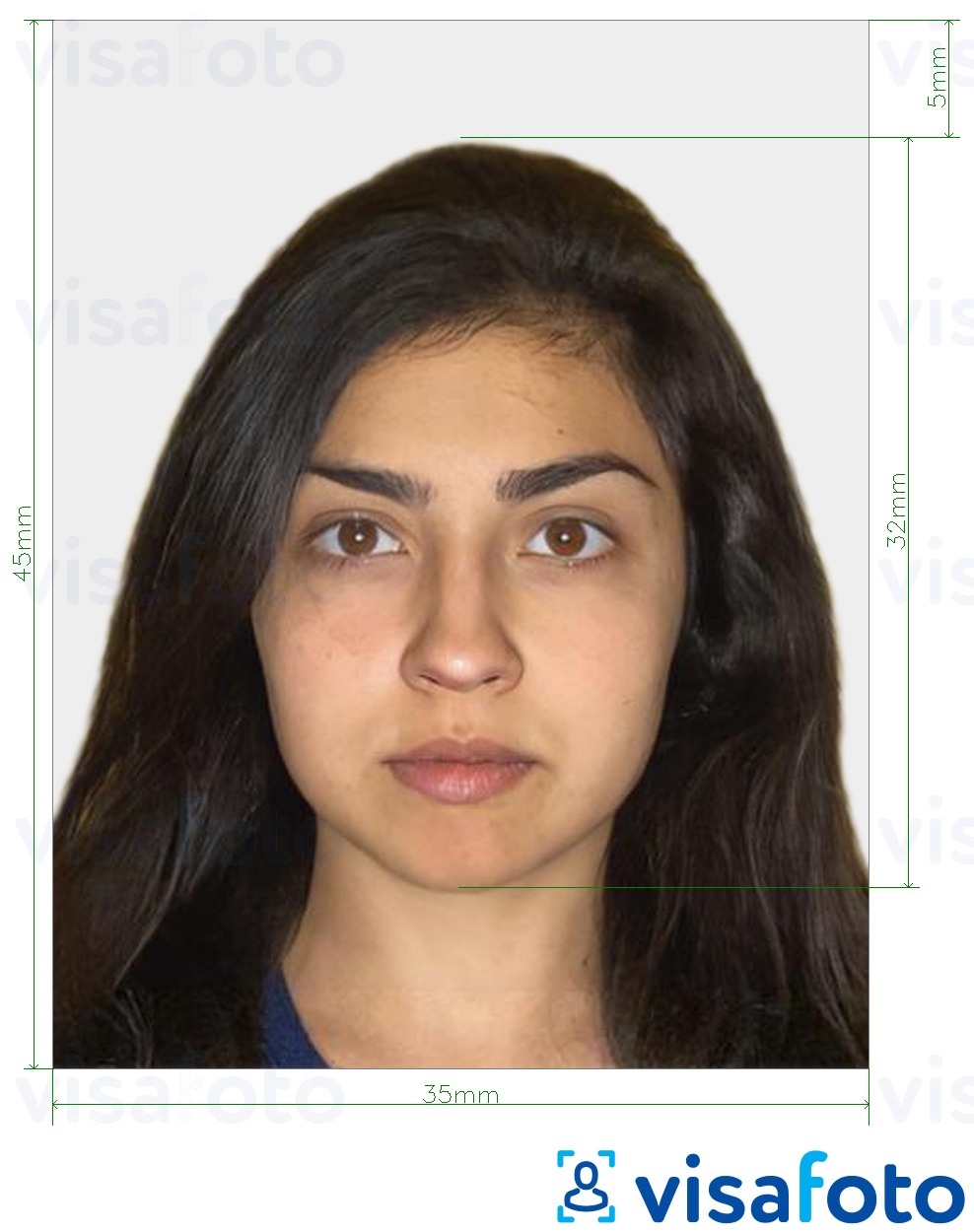 Пример за снимка за Израелски паспорт 35x45 mm (3.5x4.5 cm) с точна спецификация за размер