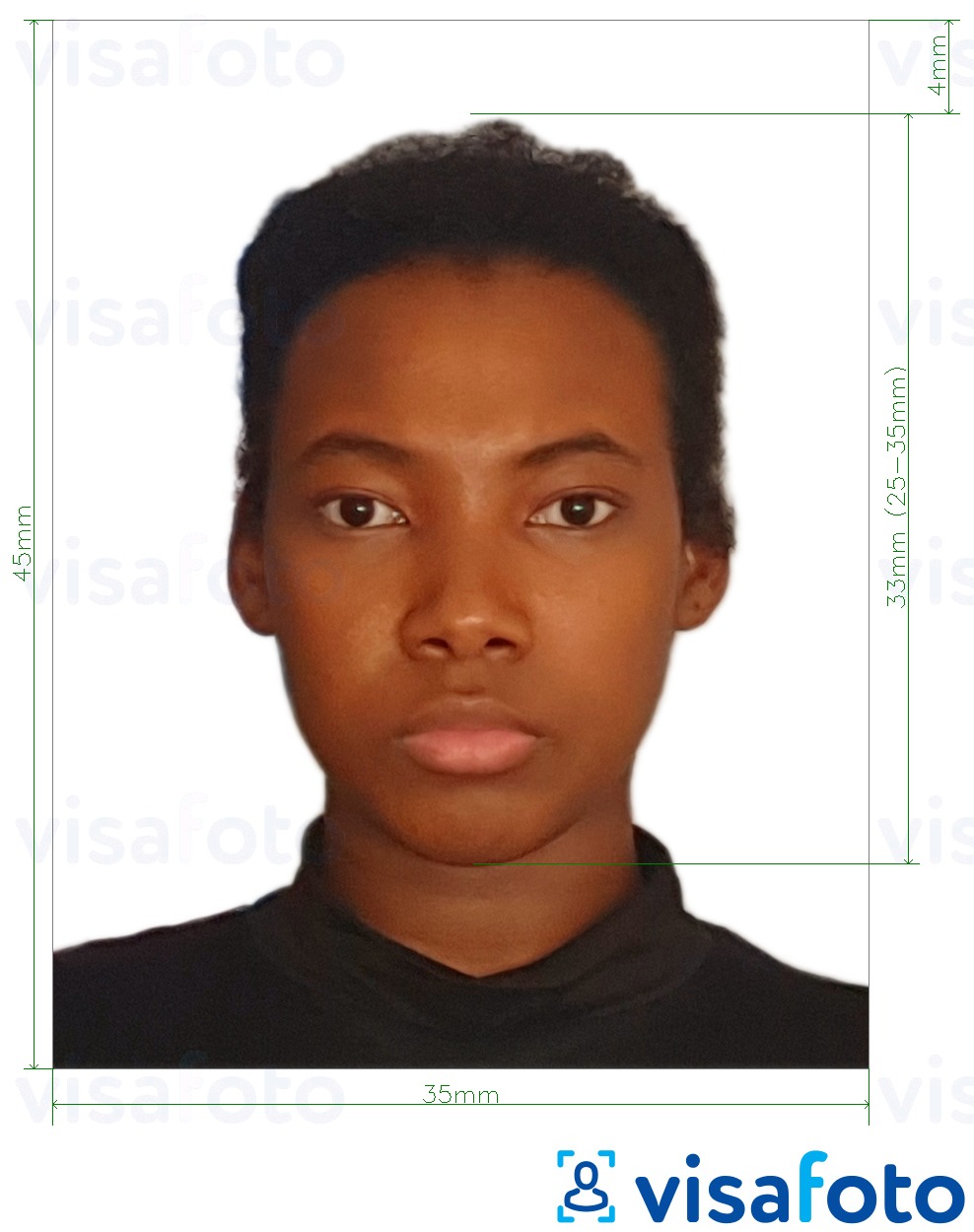 Пример за снимка за Ямайски паспорт 35x45 mm (3.5x4.5 cm) с точна спецификация за размер