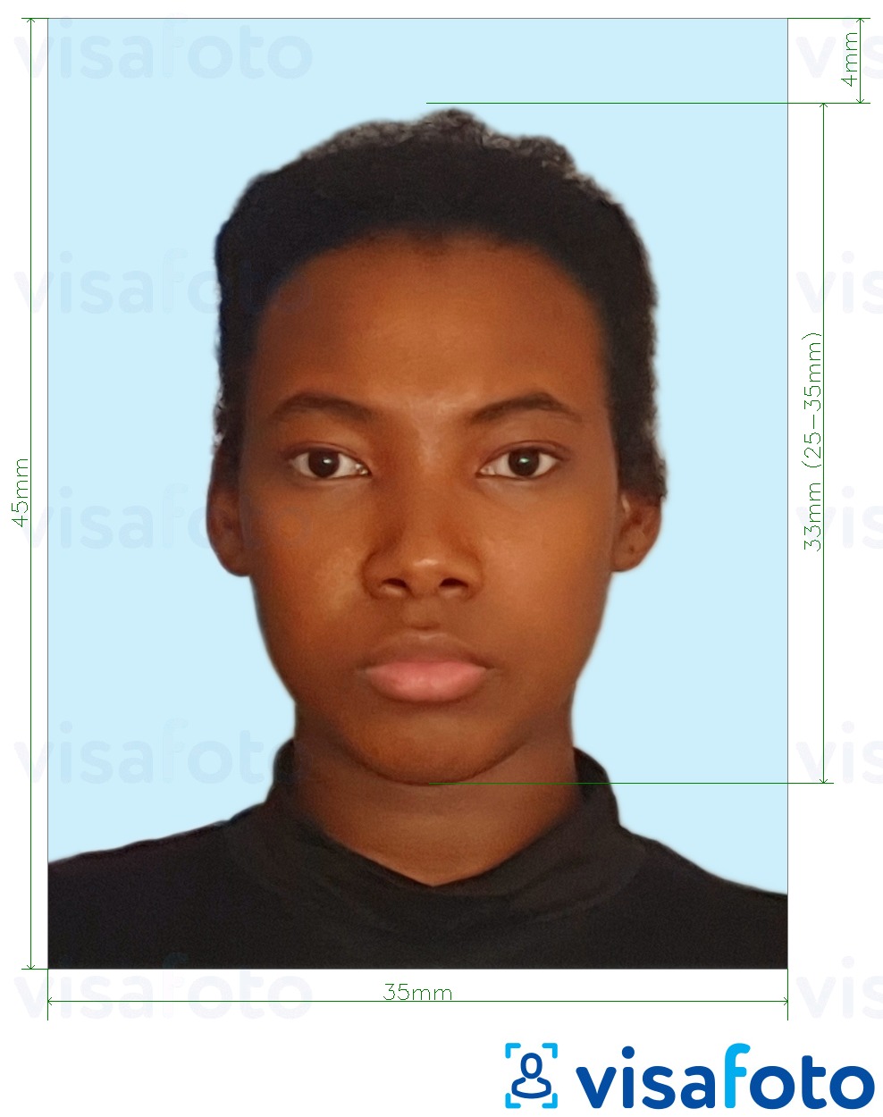 Пример за снимка за Ямайка паспорт 35х45 мм бледо син фон с точна спецификация за размер