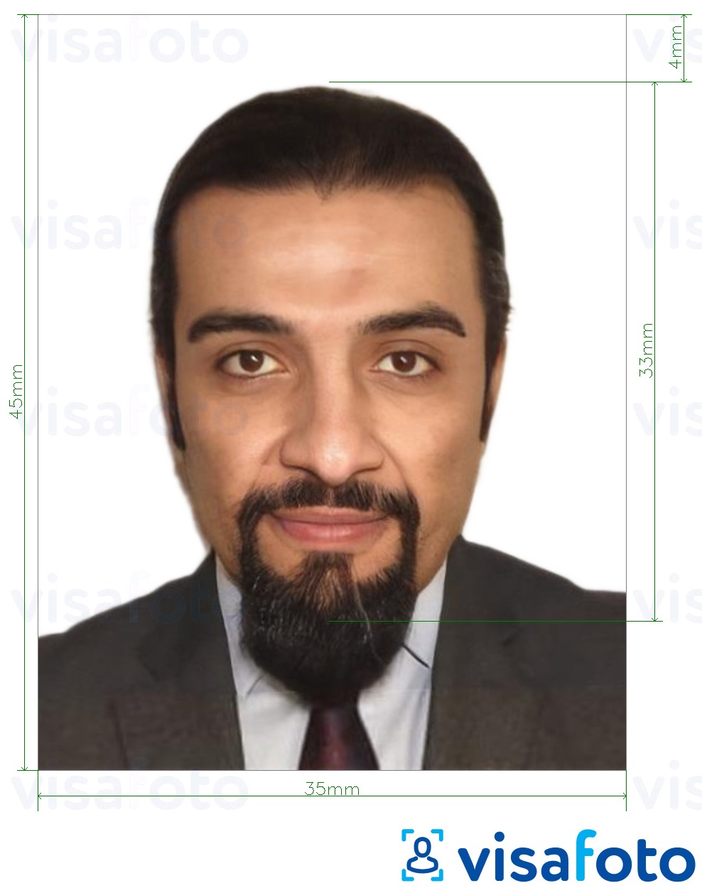 Пример за снимка за Йордански паспорт 3.5x4.5 cm (35x45 mm) с точна спецификация за размер