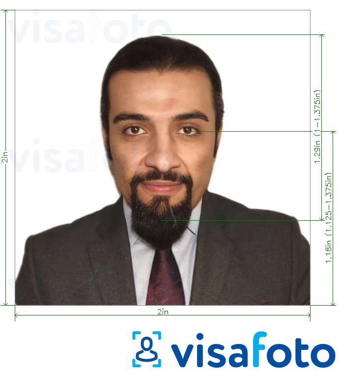 Пример за снимка за Йордански паспорт 2х2 инча от САЩ (51x51 mm) с точна спецификация за размер