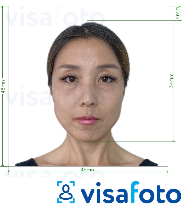 Пример за снимка за Япония Visa 45x45mm, глава 34 mm с точна спецификация за размер