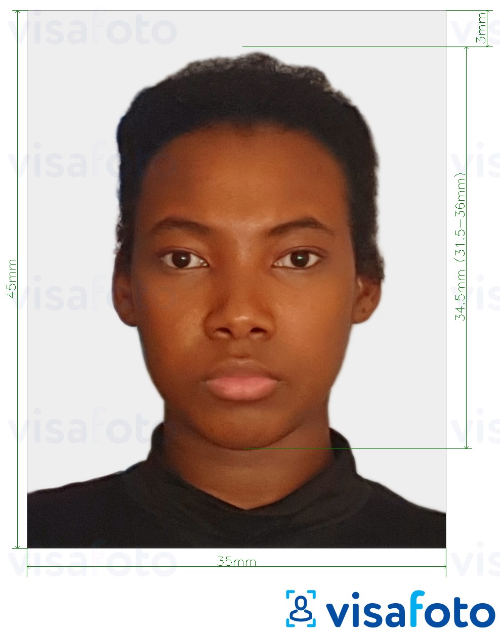 Пример за снимка за Снимка на паспорта на Сейнт Китс и Невис 35x45 mm (1.77x1.38 инча) с точна спецификация за размер