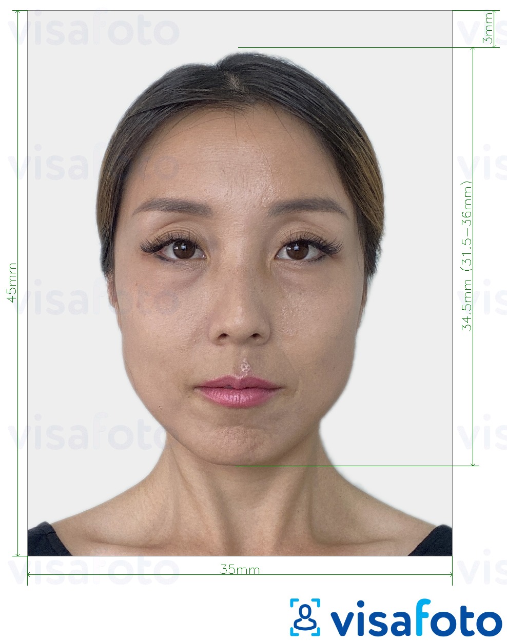 Пример за снимка за Южна Корея Виза 35x45 mm (3.5x4.5 cm) с точна спецификация за размер