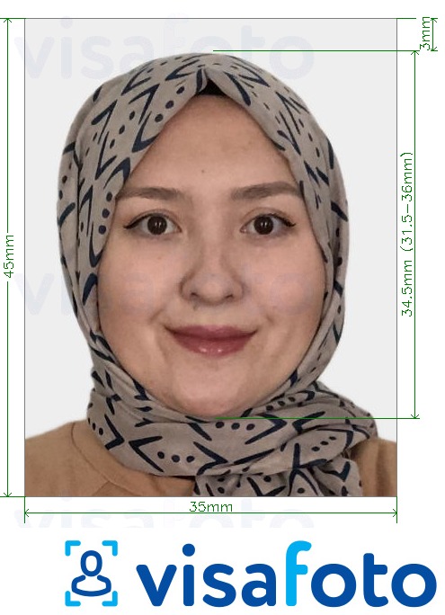 Пример за снимка за Казахстански паспорт 35x45 mm (3.5x4.5 cm) с точна спецификация за размер