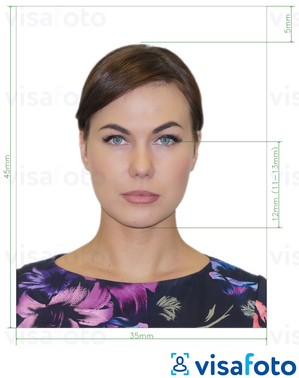 Пример за снимка за Russia Passport (очите до долната част на брадичката 12 мм), 35x45 мм с точна спецификация за размер