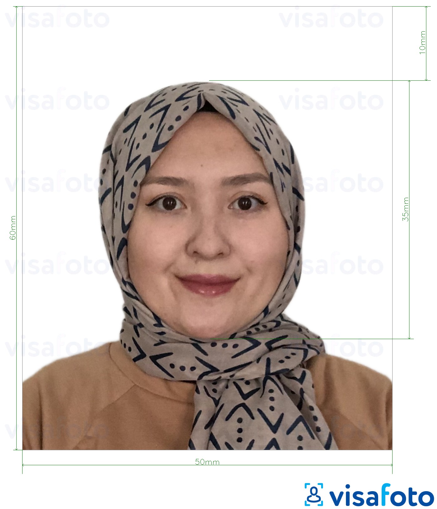 Пример за снимка за Туркменистанска виза 5x6 cm (50x60 mm) с точна спецификация за размер